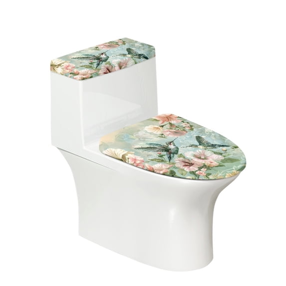 HELLHERO Hummingbird Flowers Elastic Fabric Toilet Lid Dust Cover Set for Modern Bathrooms, Adjustable Washable Easy to Install, Easy to Clean, 17x21 Inches
