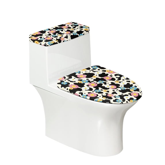 FORUDESIGNS Flower Cow Print 2 Pcs Toilet Lid Covers Set, Machine Washable Seat Covers, Bathroom Stretch Adjustable Toilet Lid Seat Protector Cover with Elastic Bottom