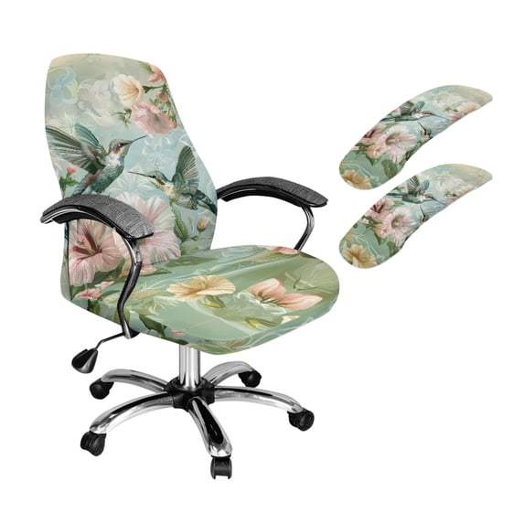 HELLHERO Hummingbird Hibiscus Print Office Chair Cover Set, Anti-dust Removable Office Chair Cover with Armrest Covers, Stretchable Swivel Chairs Slipcovers, Green