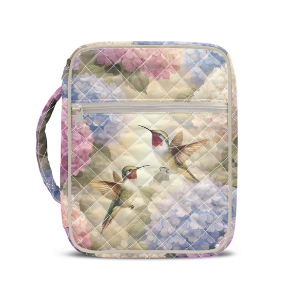 HELLHERO Hummingbird Hydrangea Print Quilted Bible Cover, Handle Lightweight Bible Cover Case Stretch Polyester Bible Carrier Tote Bag for Pilgrimages Daily Scripture Reading