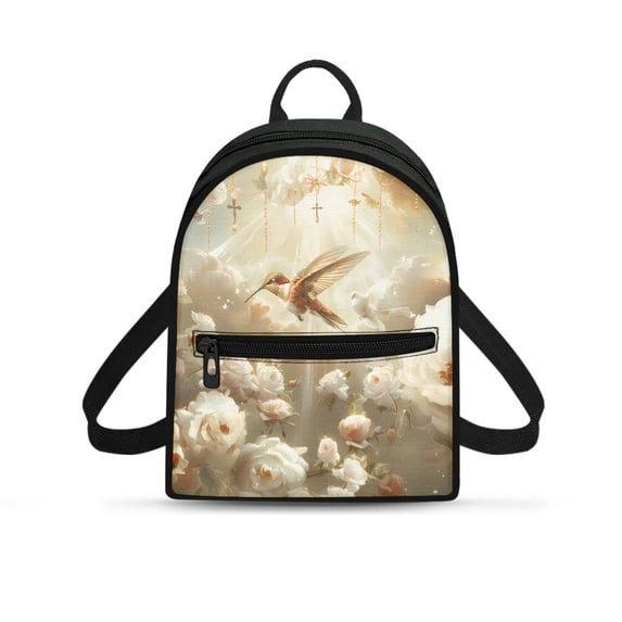 HELLHERO Hummingbird Rose Pattern Small Backpack for Women Lightweight Mini Bags for Hiking Travel, Polyester Waterproof Mini Backpack