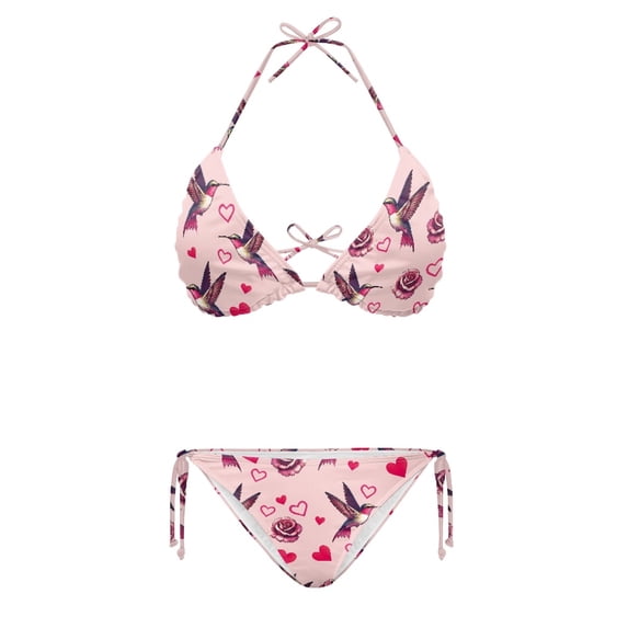 HELLHERO Hummingbird Rose Pattern Soft Fabric Women Bikini Set Quick Drying Skin Friendly and Breathable Plus Size Drawstring