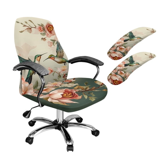 HELLHERO Hummingbird Rose Print Office Chair Cover with Armrest Covers, Washable Desk Chair Slipcover, Removable High Back Office Chair Cover with Elastic Band, Green