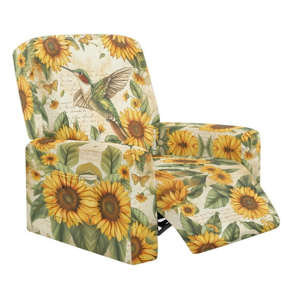 HELLHERO Hummingbird Sunflower Print Recliner Seat Covers for Reclining Chair Lazy Boy Recliner Covers That Stay in Place with Storage Pockets, Yellow