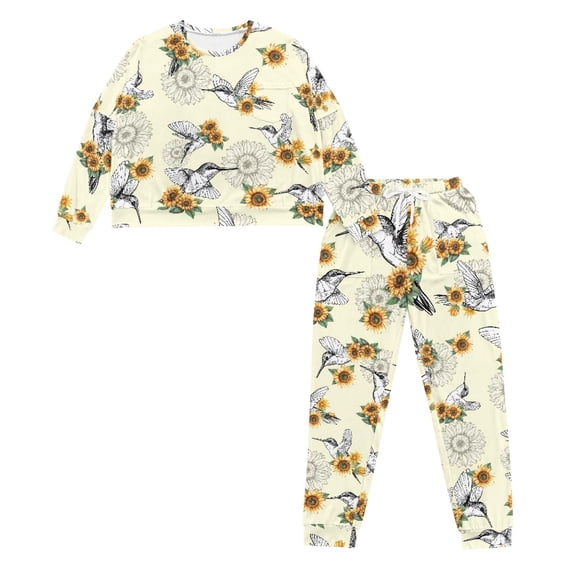HELLHERO Hummingbird Sunflower Printed Drawstring Pajamas for Women Crewneck Sleepwear Soft Loungewear Long Sleeve Tops Jogger Pants Pajama Sets, XL