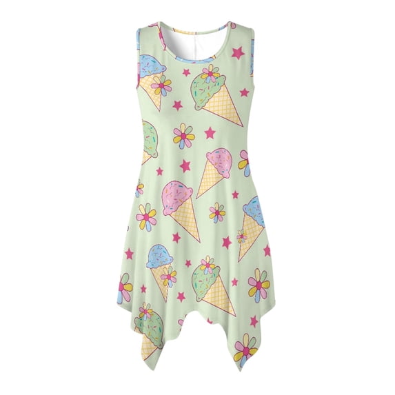 HELLHERO Ice Cream Floral Print Sleeveless Sundress for Party Work, Asymmetric Side Pockets Ladies Round Neck Irregular Hem Midi Dress