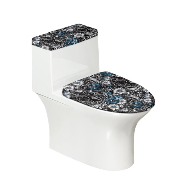 HELLHERO Indigo Floral Pattern Elastic Fabric Toilet Seat Protector & Easy to Install Round Toilet Lid Dust Cover & Stretch for Indoor Home Elastic Edge