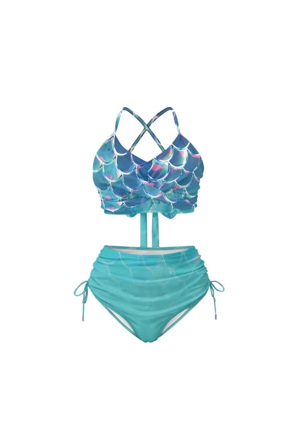 Iridescent Mermaid Scale Halter Bikini Set High Waisted 2-Piece Swimwear with Drawstring Sides Trendy Beachwear for Women, Pool