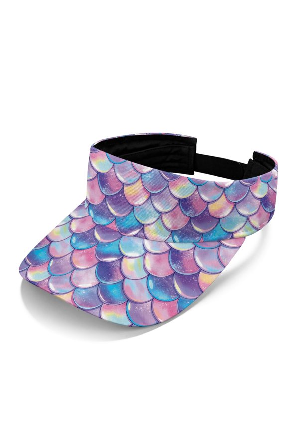Iridescent Mermaid Scale Pattern Sun Visor Cap, Empty Top Design Sun Visor Hat Polyester Fabric Adjustable Strap UV Protection Sports Visor Hat for Travel