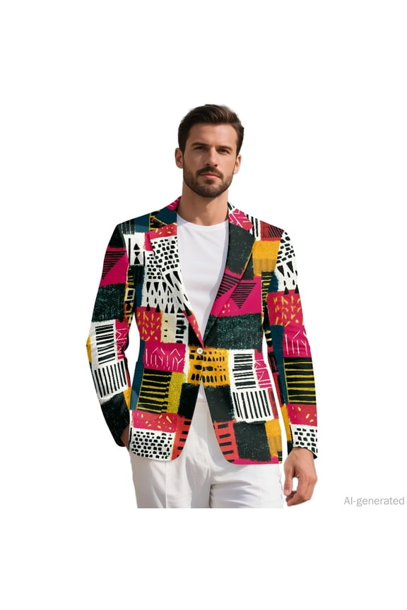 Irregular Geometric Patterns Polyester Sports Coat with Slim Fit, Button Single Button Mens Blazer Jackets for Work