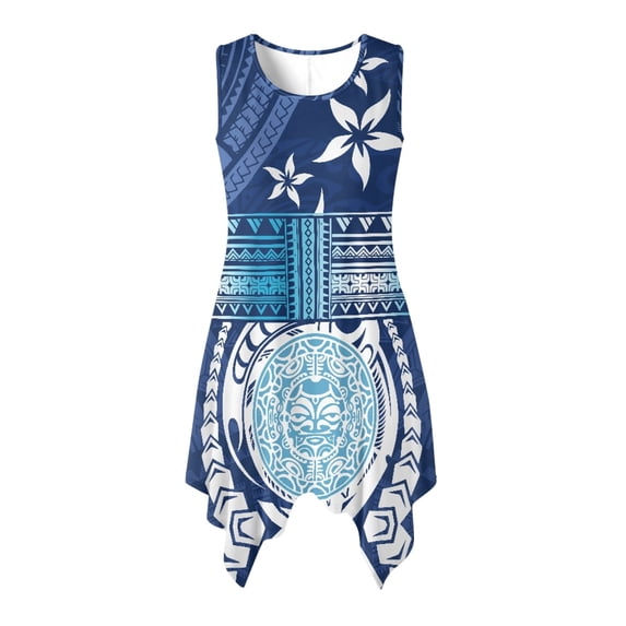 HELLHERO Irregular Hem Sundress, Blue Floral Print Side Pockets Summer Sleeveless Dress, Round Neck Durable Sleeveless Sundress for Vacation Cocktail Party