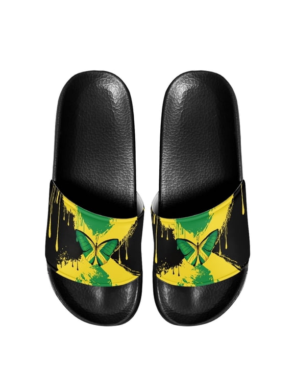 Jamaican Flag Butterfly Print Slippers, Soft Comfortable Slide Sandals for Summer with Non-Slip Flat