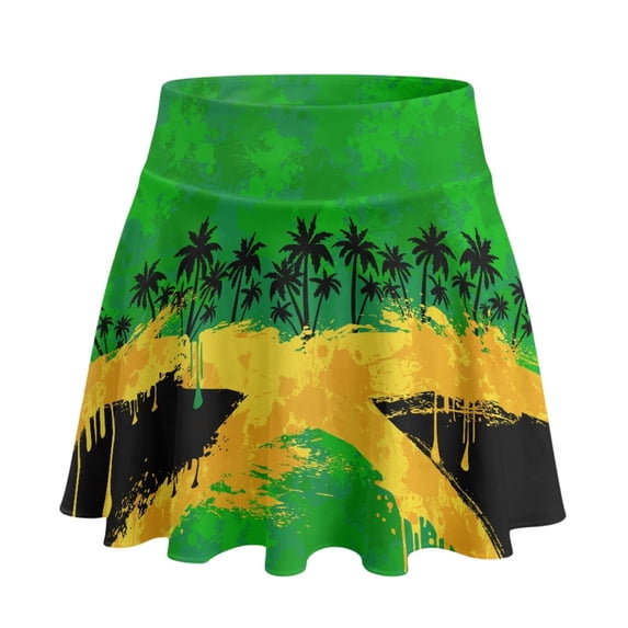 HELLHERO Jamaican Flag Pattern Built-in Shorts Tennis Skirt, 2 Side Pockets High Waisted Polyester Spandex Athletic Skorts for Golf Outing Yoga