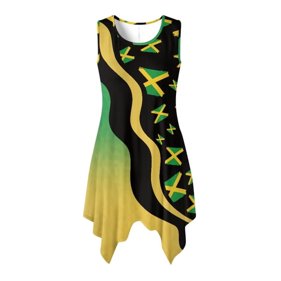 HELLHERO Jamaican Flag Pattern Summer Sleeveless Dress, Side Pockets Summer Long Beach Dress Asymmetric Round Neck Sleeveless Sundress for Vacation Christmas Party