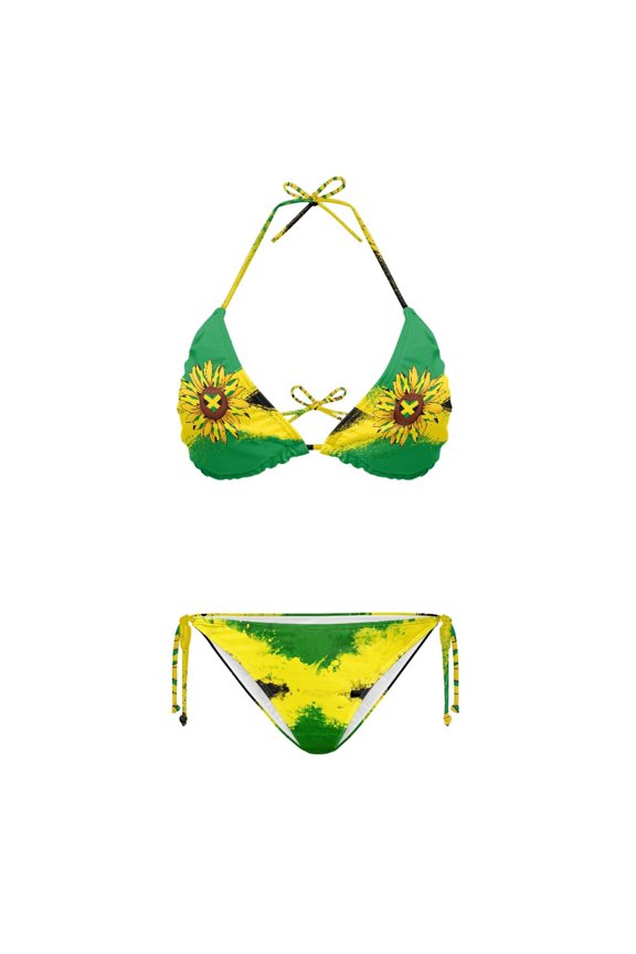 Jamaican Flag Sunflower Print Ladies 2 Piece Bikini Set, Soft Halter Tie Side Bathing Suit, Comfortable Summer Swimwear for Women