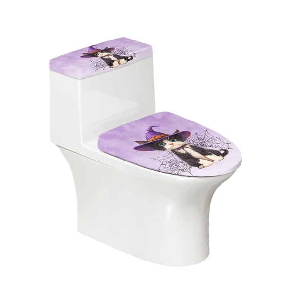 HELLHERO Kitten and Spider Web Pack of 2 Stretch Toilet Lid Seat Cover Set with Fits All Toilet Shapes for Elastic Edge
