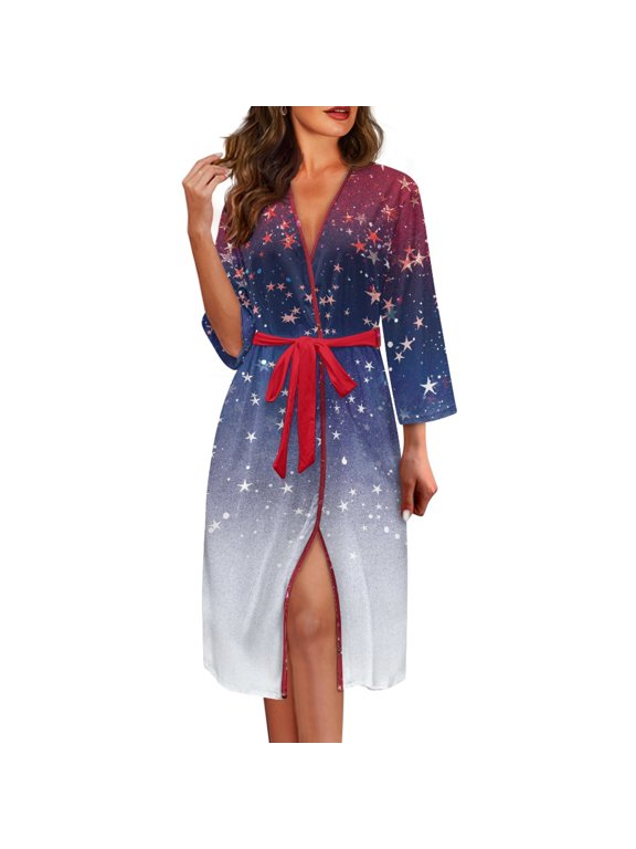 Knee-Length Long Robes for Home Relax, Elastic Cloth Tie Waist V-Neck Soft Women's Nightgowns, Gradient Star Print