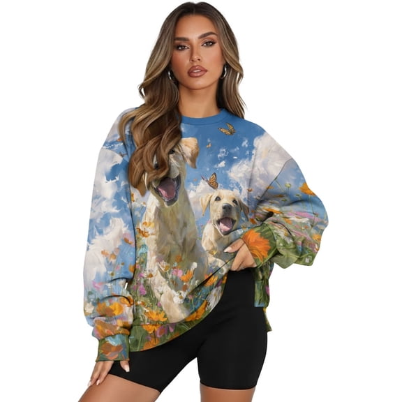 HELLHERO Labrador Flower Butterfly Print Sweatshirt for Women Soft Loose Crewneck Sweater Long Sleeve Pullover Clothes Size XL