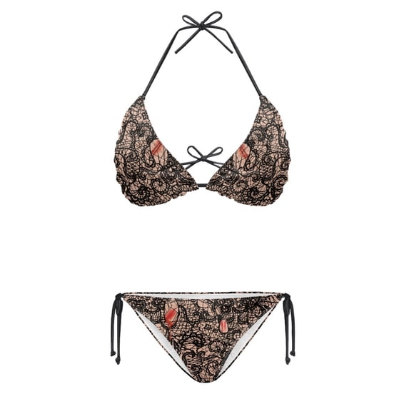 HELLHERO Lace Print Ladies Two Piece Bikini Swimsuit Set Removable Padded Halter Tie Side Bathing Suit Premium Stitched Women's Swimwear for Beach