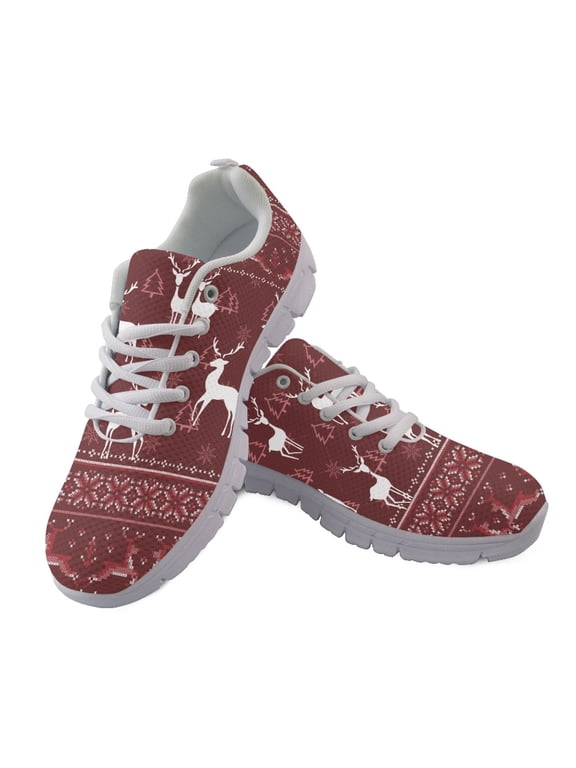 Lace-up Tennis Shoes for Training Camping, Mesh Breathable Lace Up Athletic Tennis Shoe, Reindeer Snowflake Print