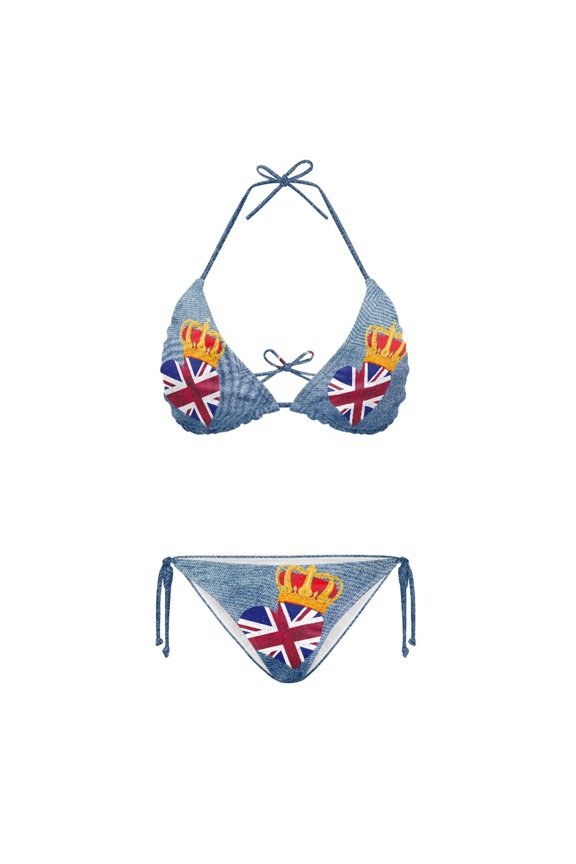 Ladies 2 Piece Bikini Set Union Jack Heart Print Adjustable Halter Drawstring Bathing Suits, Women Summer Beach Swimwear