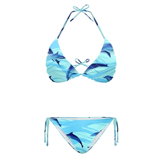 HELLHERO Ladies Dolphin Print Two Piece Bikini Set Quick Drying Plus Size Swimwear Women's Halter Tie Side Bathing Suit for Beach Pool