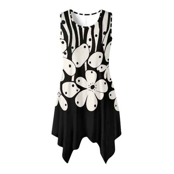 HELLHERO Ladies Irregular Hem Casual Dress, Black White Floral Asymmetric Sleeveless Sundress, with Side Pockets Summer Midi Dress for Cocktail Party Vacation