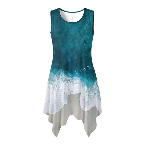 HELLHERO Ladies Irregular Hem Casual Dress, Ocean Wave Sleeveless Summer Sleeveless Dress, With Side Pockets Round Neck Sleeveless Sundress for Business Casual