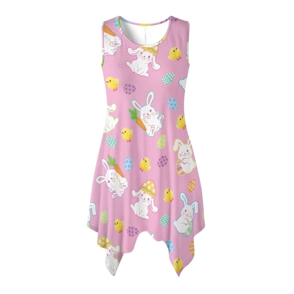 HELLHERO Ladies Irregular Hem Casual Dress, Rabbit Easter Egg Side Pockets Sleeveless Sundress, Pleated Round Neck Summer Sleeveless Dress for Vacation