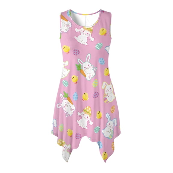HELLHERO Ladies Irregular Hem Casual Dress, Rabbit Easter Egg Side Pockets Sleeveless Sundress, Pleated Round Neck Summer Sleeveless Dress for Vacation