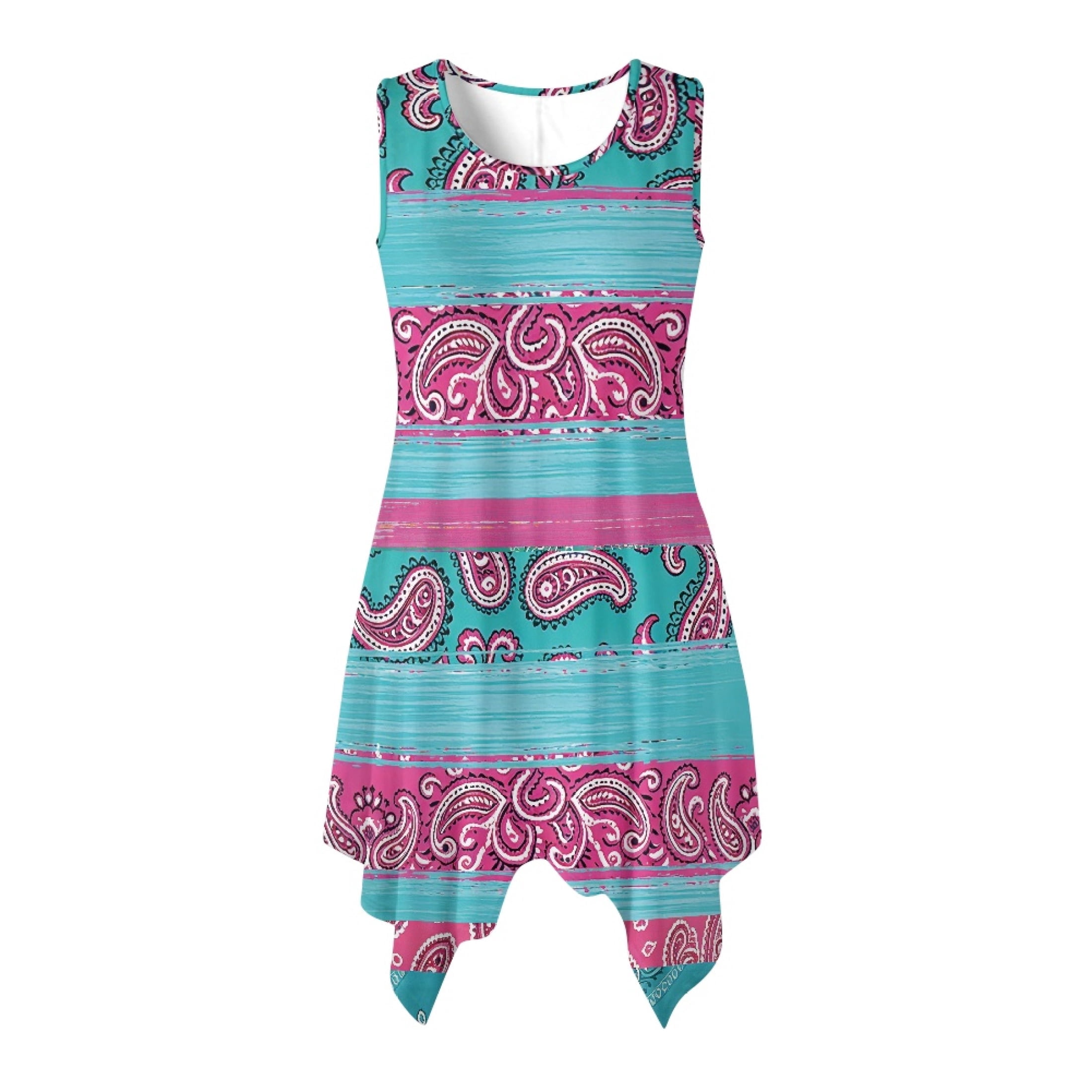 HELLHERO Ladies Irregular Hem Casual Dress, Teal Pink Floral Pattern ...