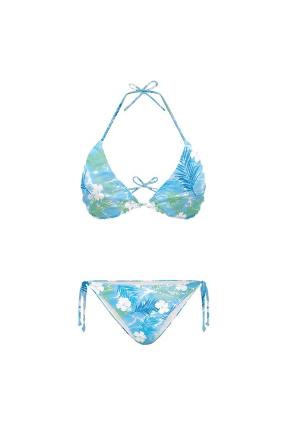 Ladies Two Piece Bikini Swimsuit Set Blue Tropical Print Adjustable Halter Drawstring Side Bathing Suit Swimwear for Women
