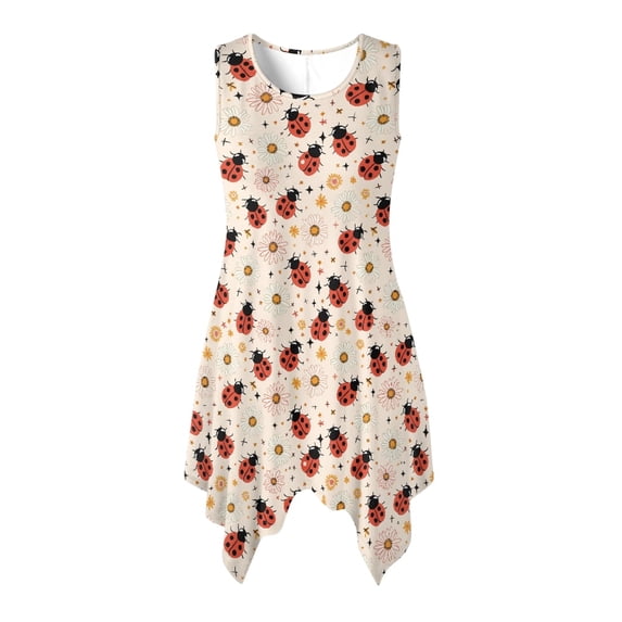 HELLHERO Ladybug Daisies Women Sleeveless Round Neck Irregular Hem Pocket Dress, Side Pockets Summer Sleeveless Dress Crew Neck Summer Sleeveless Sundress