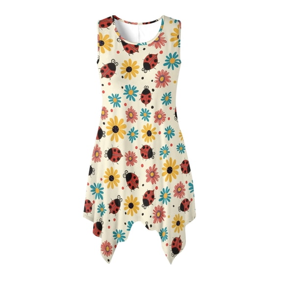 HELLHERO Ladybug & Daisy Floral Pattern Ladies Round Neck Sleeveless Midi Dress, Asymmetrical Hem Design Sleeveless Sundress with Side Pockets Comfort for Party