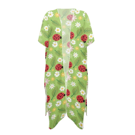 HELLHERO Ladybug and Daisy Pattern Long Kimono Swimsuit Cover Up High Quality Fabrics Cardigan Free Size Swim Coverup for Women