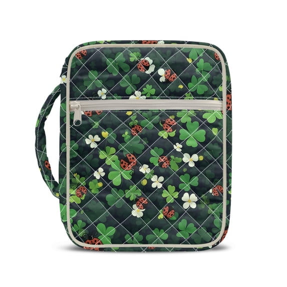 HELLHERO Ladybug and Daisy Pattern Zipper Pocket Quilted Bible Cover for Church Study Daily Use, Polyester Fabric Bible Cover Case with Handle