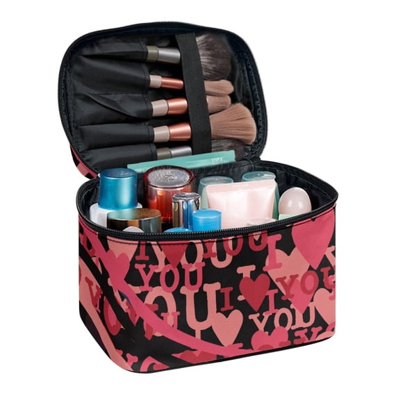 HELLHERO Large Capacity Makeup Bag Large Cosmetic Bag 8.86 x 6.5 x 5.9 Inches Storage Pockets Red Heart Pattern