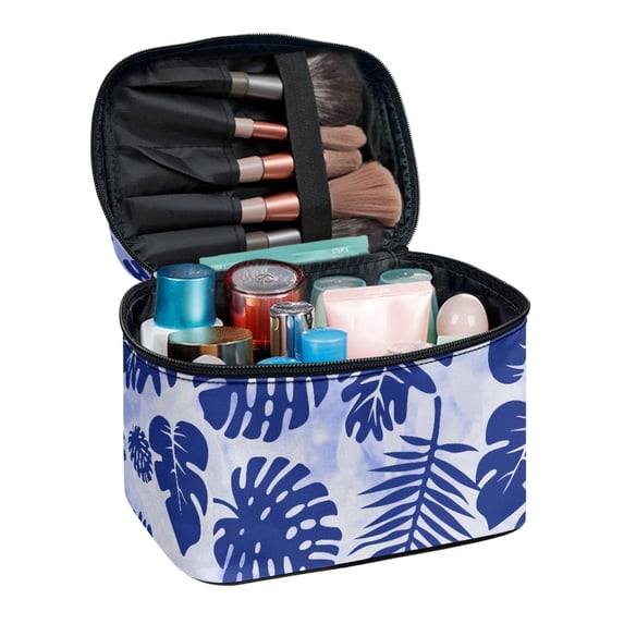 HELLHERO Large Capacity Makeup Case Polyester Double Zipper Makeup Bags Lightweight Portable and Durable Brush Holders Indigo-dyed Tropical Foliage
