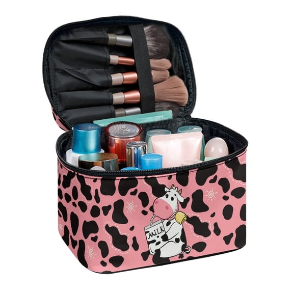 HELLHERO Large Capacity Multi-Purpose Cosmetic Toiletry Bag Handle Zipper, Cow Pink Leopard Print