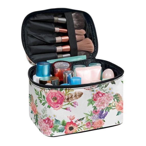 HELLHERO Large Cosmetic Bag with Brush Slots Multi-Function Makeup Organizer Multifunctional Large Capacity Makeup Bag Floral Pattern