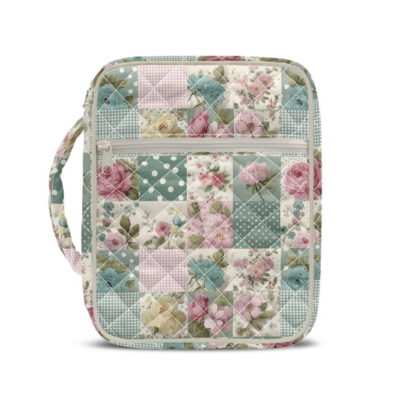 HELLHERO Large Quilted Bible Cover Case with Patchwork Floral, Lightweight Stretch Polyester Bag for Women Daily Bible Study