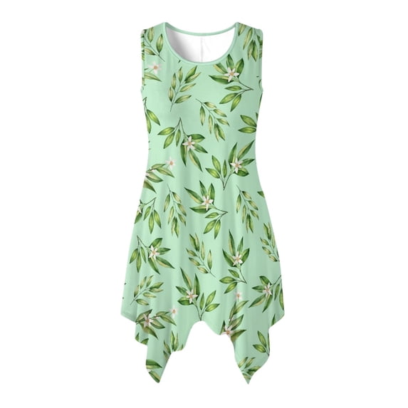 HELLHERO Leaf Floral Print Ladies Irregular Hem Casual Dress, Side Pockets Sleeveless Sundress with Round Neck Pleated for Holiday