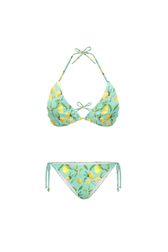 Lemon Printed Two Piece Bikini Set Sexy Backless Swimwear for Women Quick Dry Adjustable Halter Beach, Pool, Vacation Essential