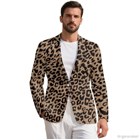 HELLHERO Leopard Polyester Casual Sport Coats with Lightweight, Regular Fit With Pockets Mens Dress Jackets for Prom
