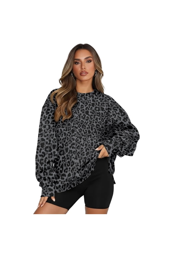 Leopard Print Women Sweatshirt Fall, Comfy Oversized Long Sleeve Pullover Tops Crewneck Sweater Fall Fashion 2025 Size L