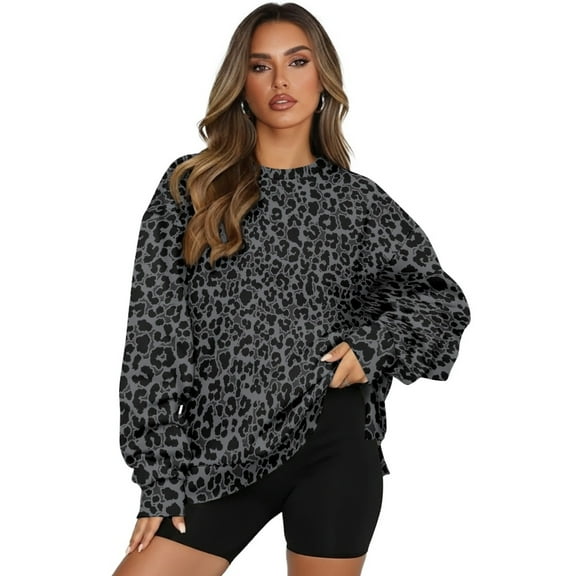 HELLHERO Leopard Print Women Sweatshirt Fall, Comfy Oversized Long Sleeve Pullover Tops Crewneck Sweater Fall Fashion 2025 Size M