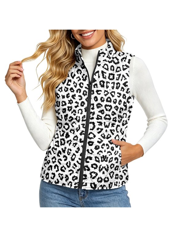 Leopard Print Women's Quilted Vest with Zipper Pockets, Lightweight Elastic Polyester Padded Vest for Winter Outdoor Daily Wear