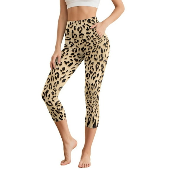 HELLHERO Leopard Print Yoga Pants for Women Athletic Capri Leggings High Waisted Yoga Capris Breathable Workout Leggings with Pockets, S