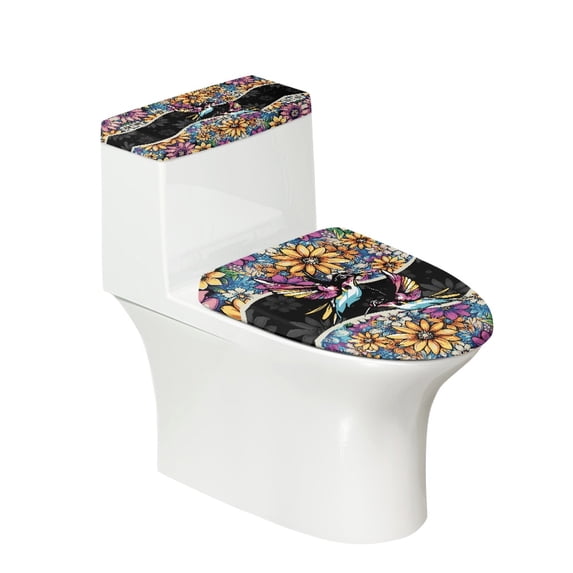 HELLHERO Lid Cover Set for Toilet for Universal Polyester Fabric Adjustable Stays in Place Stretch Fit Soft Dust-Proof Keep Dust Stain, Hummingbird Floral Pattern