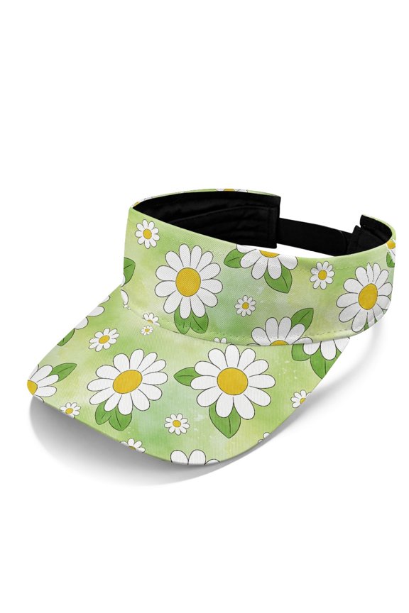 Light Green Daisy Pattern Athletic Visor Cap for Women, Polyester Fabric Adjustable Strap UV Protection Sports Visor Hat for Golf Hiking Summer